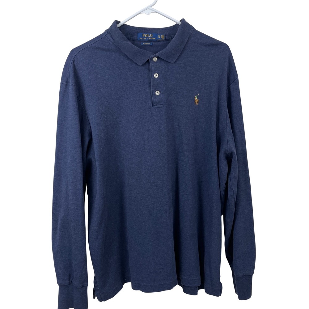 Polo Ralph Lauren Mens XL Long Sleeve Polo Shirt Blue Heather Classic Fit Cotton